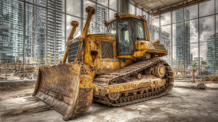 Yellow Bulldozer Sits Ready for Construction Work Inside a Building Structureの素材