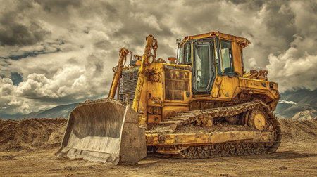 Yellow bulldozer stands strong against the dramatic sky ready for a hard workの素材