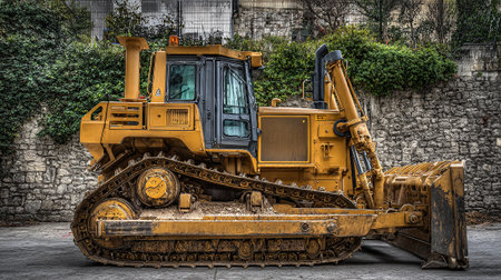 Heavy Duty Yellow Bulldozer Parked Against a Stone Wall and Greeneryの素材