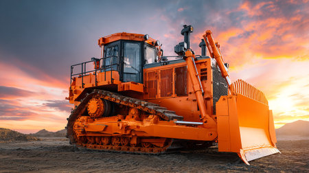 Powerful Orange Bulldozer Standing Firm Against a Dramatic Sunset Backdropの素材
