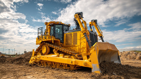 Powerful yellow bulldozer poised for construction work under a partly cloudy sky.の素材