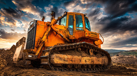 Powerful yellow bulldozer under a dramatic sky landscape construction equipmentの素材