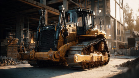 Yellow Bulldozer Construction Vehicle at a Construction Site, Under Heavy Developmentの素材