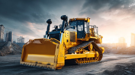 Modern Bulldozer Ready for Heavy Construction Work Under a Dramatic Skyの素材