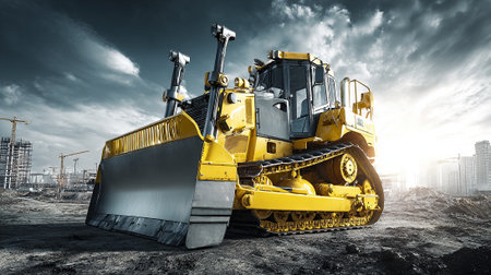 Powerful yellow bulldozer on construction site under dramatic sky landscapeの素材