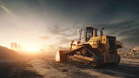 Bulldozer parked on construction site against moody sky at sunrise or sunset.の素材