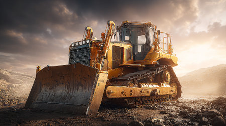 Powerful bulldozer on rugged terrain against a dramatic sky landscape view.の素材