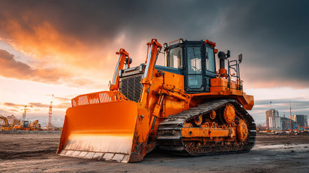 Heavy Orange Bulldozer at Construction Site Against Dramatic Sunset Skyの素材