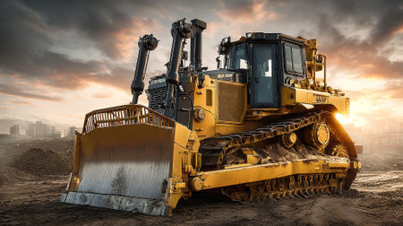 Powerful yellow bulldozer working on construction site with dramatic sunset backgroundの素材