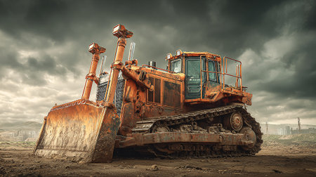 Heavy-Duty Orange Bulldozer on Construction Site with Overcast Sky Backdrop Imageの素材