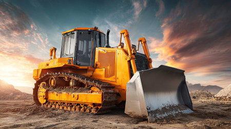 Powerful yellow bulldozer poised for earthmoving operations against a vibrant sunset skyの素材