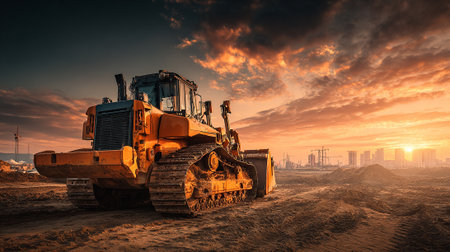 Heavy Machinery: Bulldozer at Construction Site with Dramatic Sunset Skyの素材