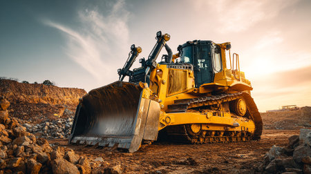 Powerful yellow bulldozer at a construction site basks in golden sunset lightの素材