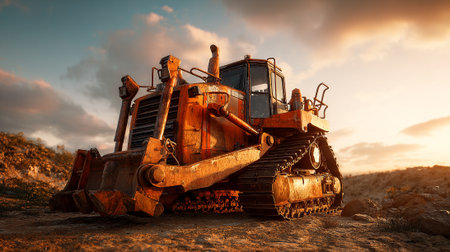 Heavy construction equipment bulldozer bathed in golden sunlight at construction siteの素材