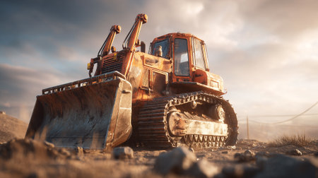 Weathered orange bulldozer with a metal blade against a cloudy skyの素材