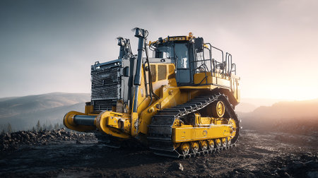Powerful Yellow Bulldozer Stands Ready on Rocky Terrain at Sunrise.の素材
