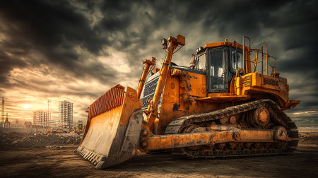 Powerful Orange Bulldozer Dominates Construction Site Under Dramatic, Cloudy Sunset Skyの素材