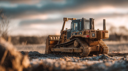 Majestic Yellow Bulldozer Toy Dominating the Rough Terrain on a Cloudy Dayの素材