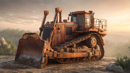 Powerful Orange Bulldozer Ready to Work on a Mountain Terrainの素材