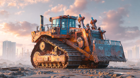 Massive orange bulldozer stands ready in a post-apocalyptic construction landscape.の素材