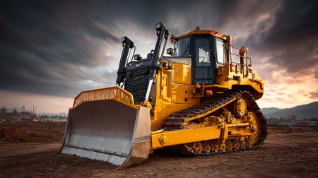 Mighty Yellow Bulldozer Ready for Action at a Construction Siteの素材