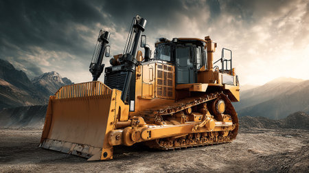 Powerful bulldozer stands proudly against a backdrop of imposing mountainsの素材