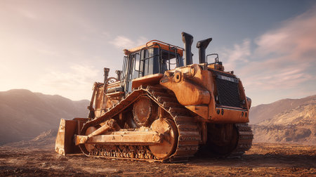Majestic bulldozer resting powerfully on a vast, sunlit construction site landscapeの素材