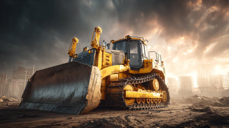 Majestic Bulldozer at Construction Site Under Dramatic Sky Displays Industrial Powerの素材