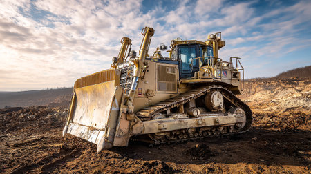 Powerful bulldozer at a construction site under a dramatic skyの素材