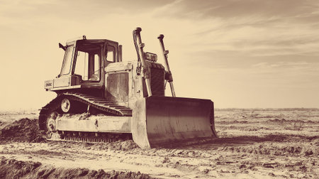 Vintage Sepia Toned Bulldozer Standing Firmly on a Construction Site Landscapeの素材