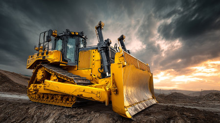 Majestic Yellow Bulldozer Stands Ready Against Dramatic Sky at Construction Siteの素材