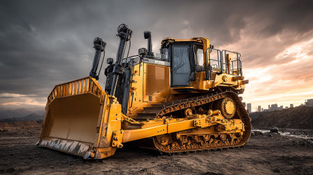 Imposing Yellow Bulldozer at Construction Site Against Dramatic Sky at Sunsetの素材