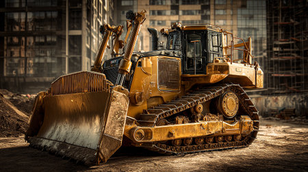 Majestic yellow bulldozer excavating soil with high-rise construction site as a backdropの素材