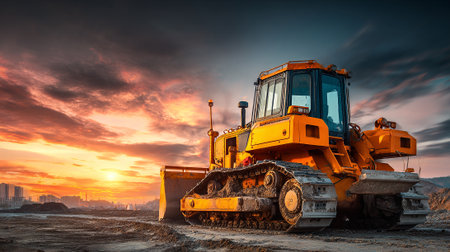 Industrial Power: A Bulldozer Silhouetted Against the Fiery Sunsetの素材
