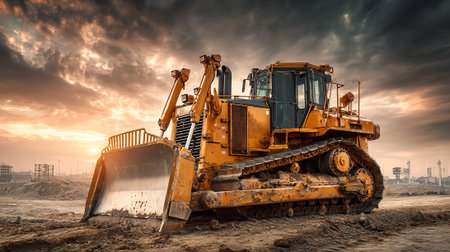 Heavy-duty earthmover dozer at construction site against dramatic sky background.の素材