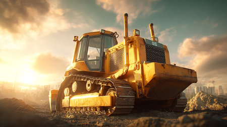 Heavy Machinery: A Yellow Bulldozer Working on a Construction Site at Sunsetの素材