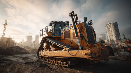Powerful Bulldozer Ready for Work in an Urban Construction Environmentの素材