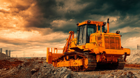 Powerful yellow bulldozer machine working on construction site under dramatic sky.の素材