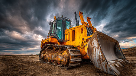 Powerful Yellow Bulldozer at a Construction Site Under Stormy Skyの素材