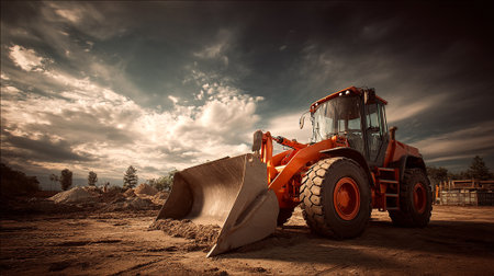 Powerful Orange Front End Loader at Construction Site Under Dramatic Cloudy Skyの素材