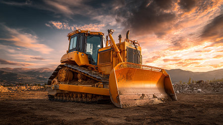 Yellow Bulldozer at Sunset: Powerful Machine Ready to Work Hard Nowの素材