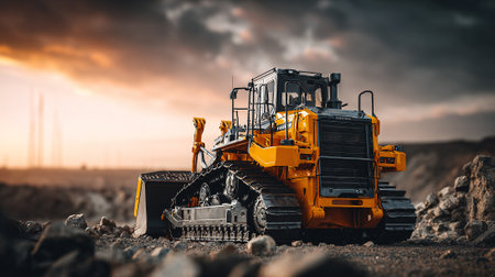 Heavy duty bulldozer at the construction site under the dramatic sunset sky.の素材