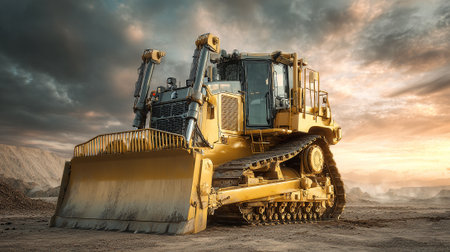 Industrial Bulldozer on Construction Site Under Dramatic Sky at Sunsetの素材