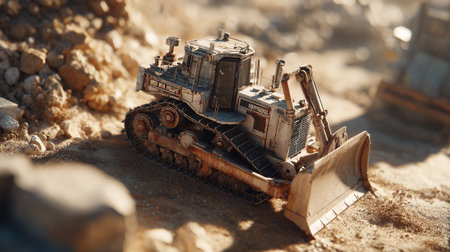 Industrial bulldozer with weathered texture showcased in a construction environment under warm light.の素材