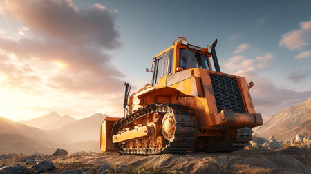 Powerful Orange Bulldozer Against a Mountainous Landscape at Sunset in the Countrysideの素材