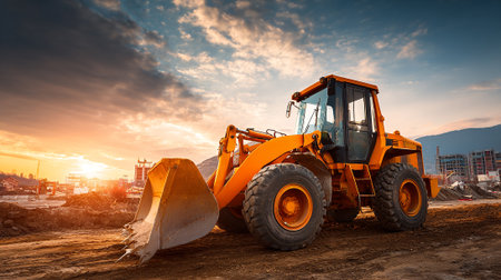 Heavy Duty Front Loader at Construction Site during Scenic Sunset.の素材
