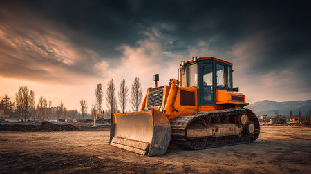 Bold Orange Bulldozer Stands Ready on a Construction Site Under Cloudy Skiesの素材