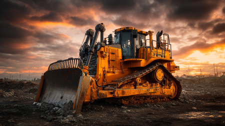 Massive yellow bulldozer sits powerfully against a dramatic and vibrant sunset sky.の素材