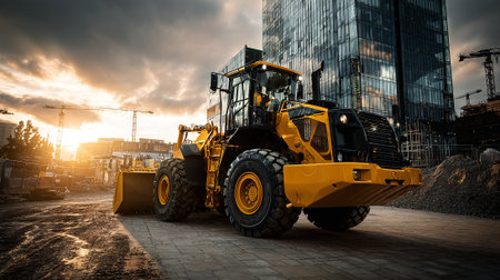 Yellow heavy construction loader against an urban backdrop at dusk.の素材