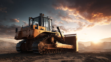 Powerful bulldozer stands ready against a vibrant sunset landscape at the construction site.の素材